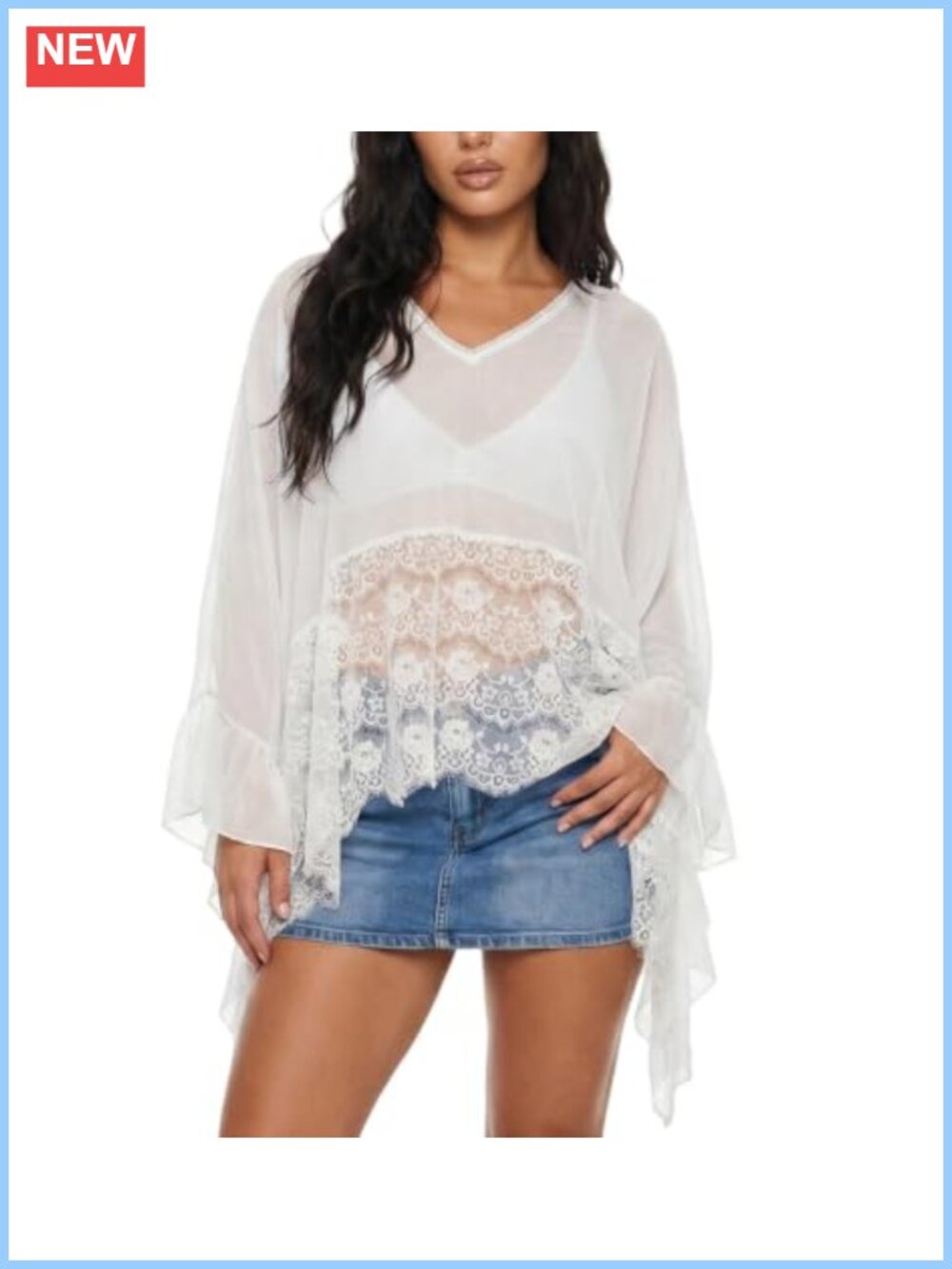 Women Sheer Mesh Lace Poncho Cover Up Oversized Batwing Sleeve Boho Tunic Top